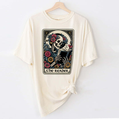 Skeleton Reading Tee – The Reader Card Shirt –  Book Lover Gift – Natural – Up To 5XL