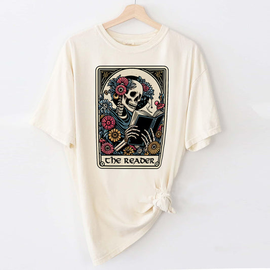 Skeleton Reading Tee – The Reader Card Shirt –  Book Lover Gift – Natural – Up To 5XL