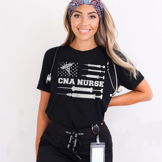 American Flag Certified Nursing T-Shirt - Funny Tees For CNA Nurse - Black - Up To 5XL