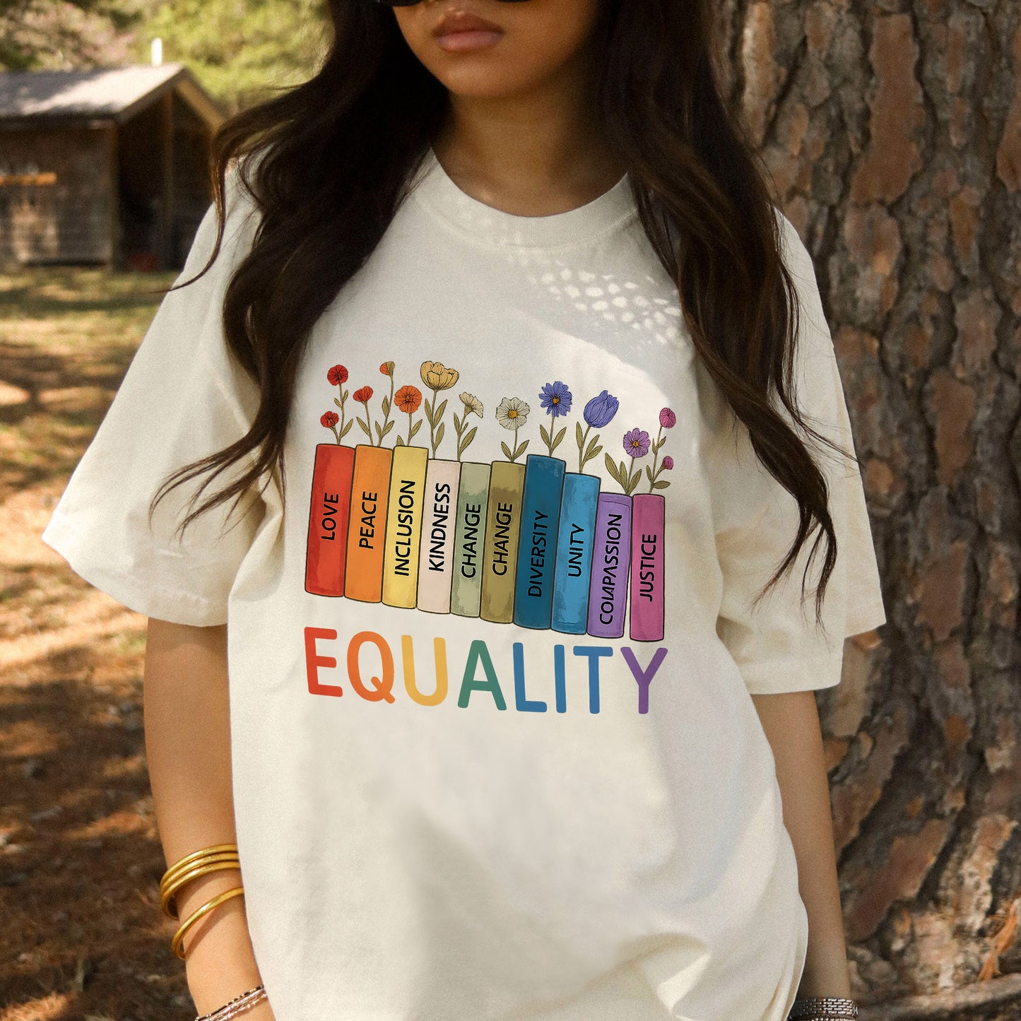 LGBTQ Pride Shirt – Equality Books Peace Love Compassion Tee – Book Lover Tee – Natural – Up To 5XL