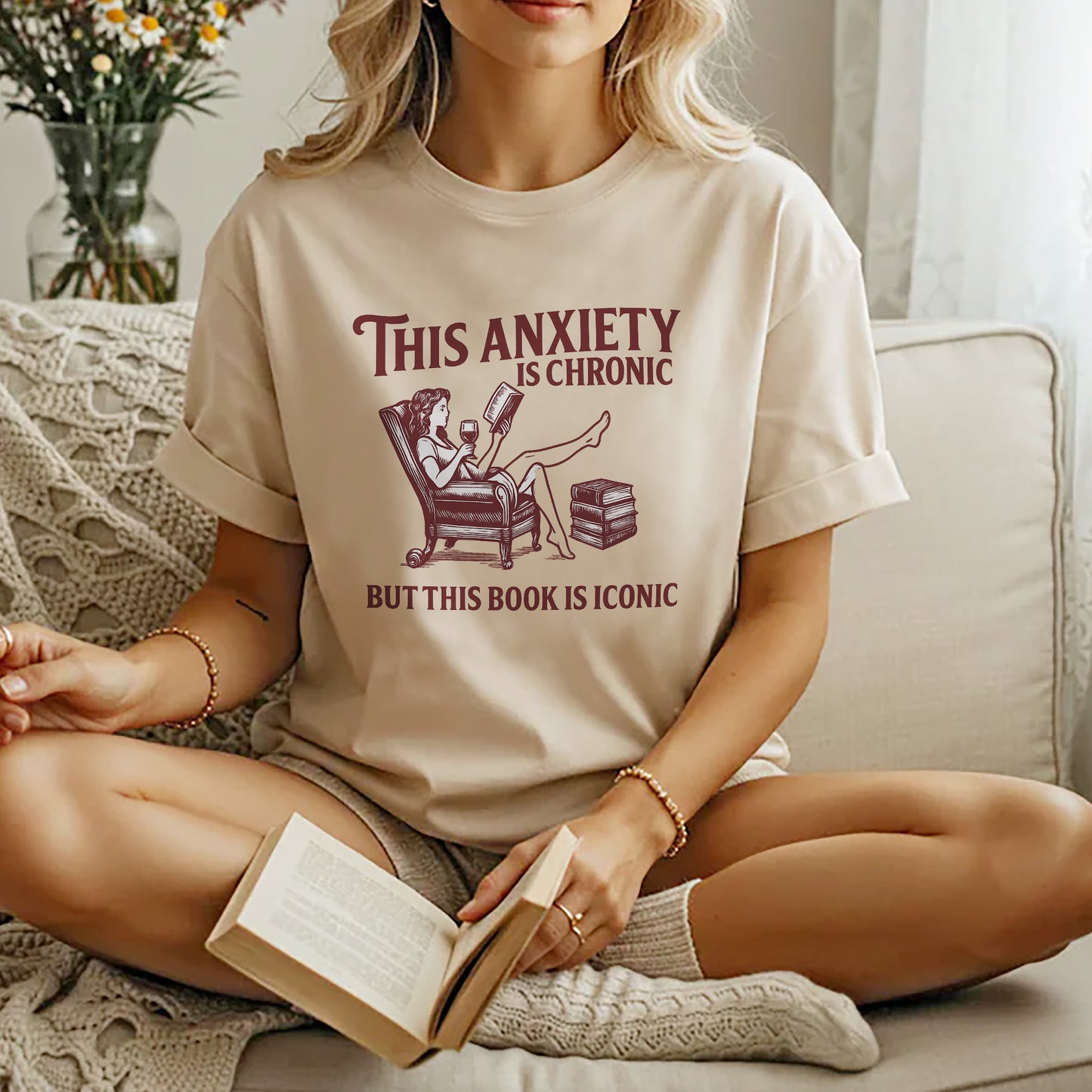 Funny Book Lover Tee - This Anxiety Is Chronic But This Book Is Iconic Shirt – Natural – Up To 5XL