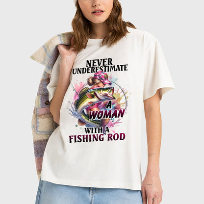 Never Underestimate A Woman With A Fishing Rod Shirt – Funny Women’s Fishing Tee – Lady Angler Gift – Natural – Up To 5XL