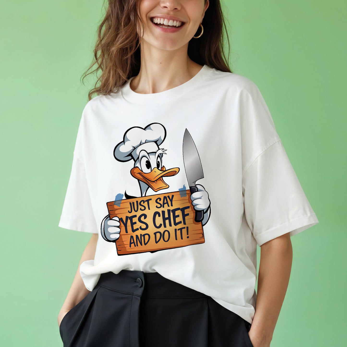 Funny Kitchen Shirt – Just Say Yes Chef and Do It – Angry Duck Meme Tee – White – Up To 5XL