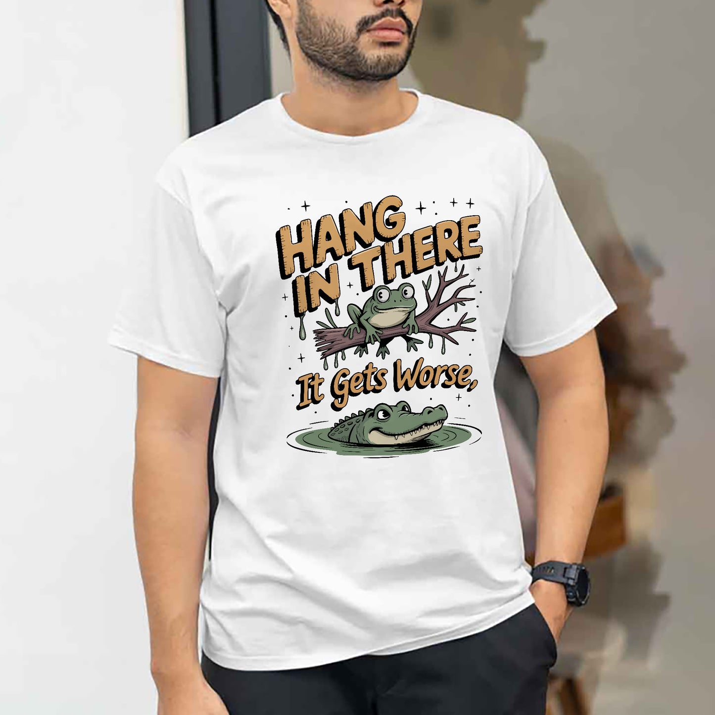 Funny Animal Shirt – Hang In There It Gets Worse – Frog and Alligator Meme Tee – White – Up To 5XL