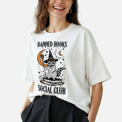 Raccoon Book Club Tee – Vintage Halloween Shirt – Spooky Book Lover Gift – White – Up To 5XL