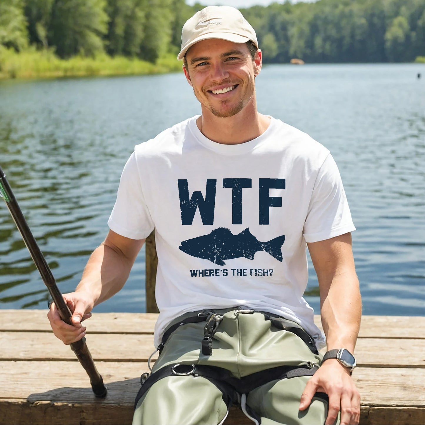 Funny Fishing Shirt – WTF Where's The Fish – Outdoor Humor Fisherman Tee – White – Up To 5XL