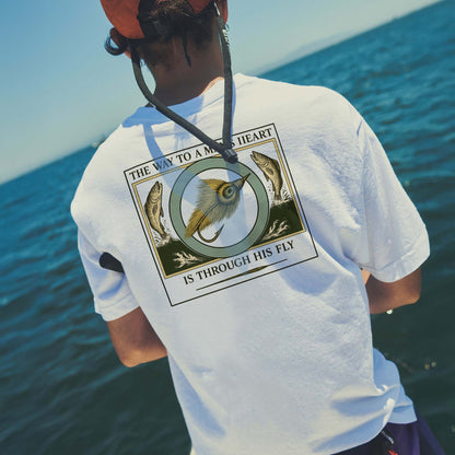 Vintage Fishing Shirt – The Way To A Man's Heart Is Through His Fly – Funny Angler Tee – White – Up To 5XL