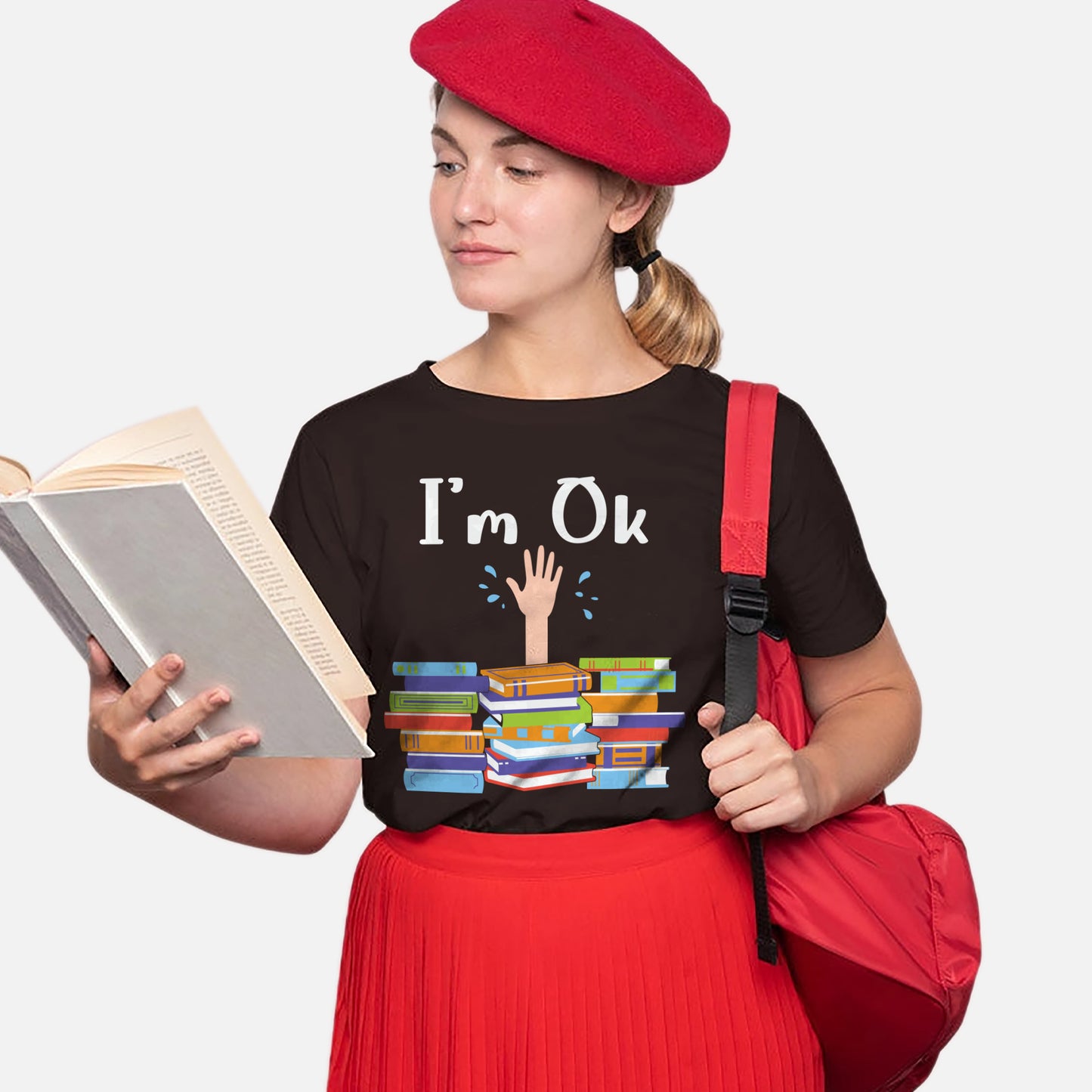 Funny Book Lover Shirt – "I'm OK" National Book Lovers Day Tee – Reading Gift for Bookworms – Black – Up To 5XL