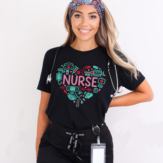 Nurse Heart T-Shirt - Funny Tees For CNA Nurse-Black - Up To 5XL