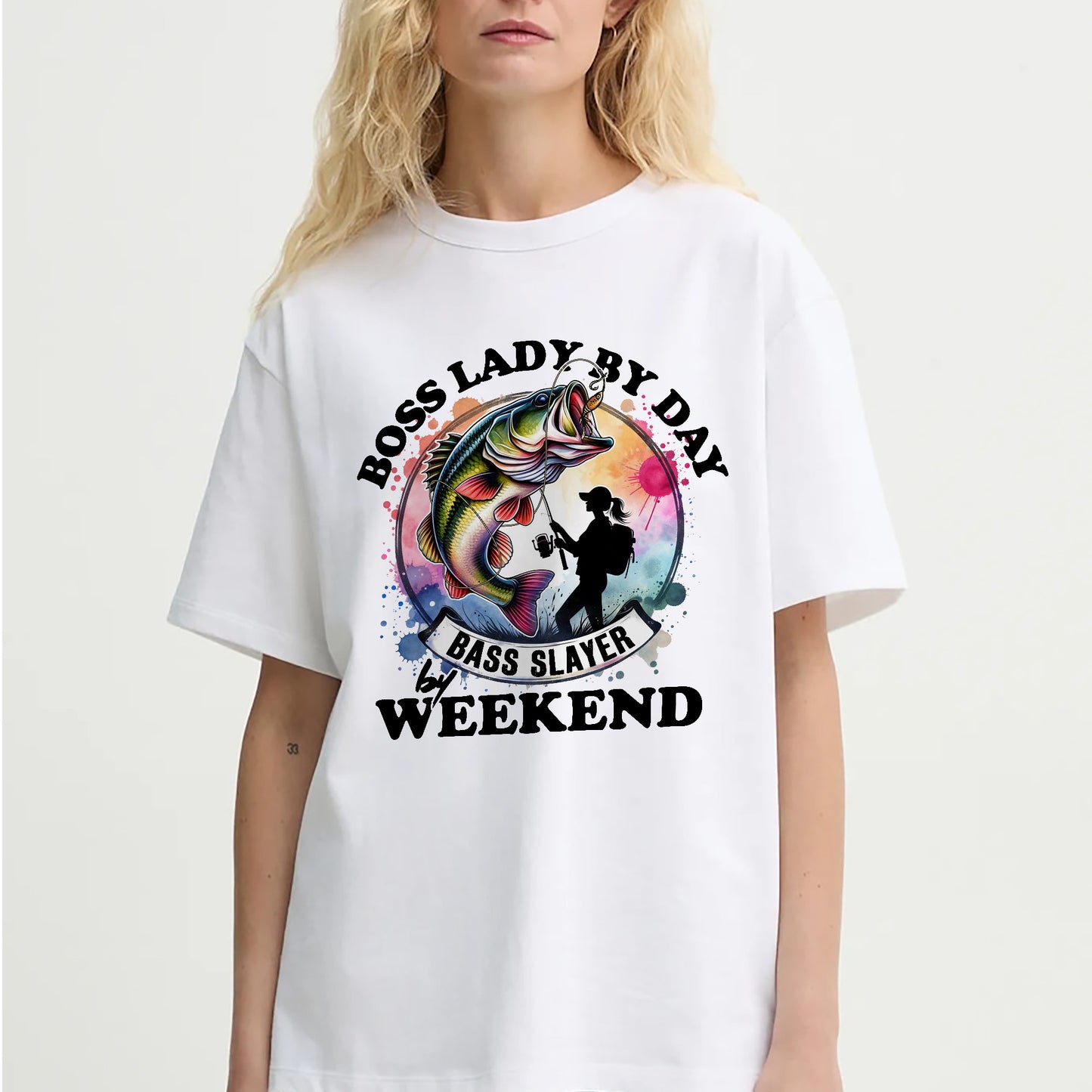 Boss Lady By Day Bass Slayer By Weekend Shirt – Funny Women’s Fishing Tee – Lady Angler Humor Gift – White – Up To 5XL