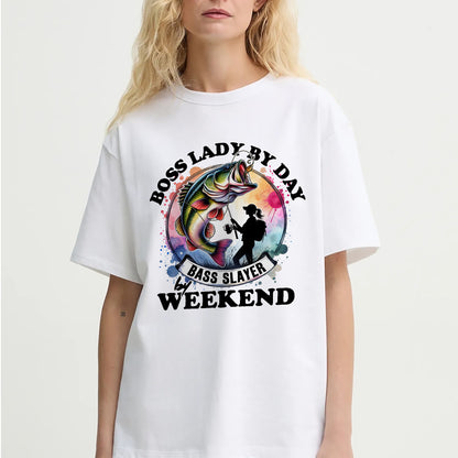 Boss Lady By Day Bass Slayer By Weekend Shirt – Funny Women’s Fishing Tee – Lady Angler Humor Gift – White – Up To 5XL