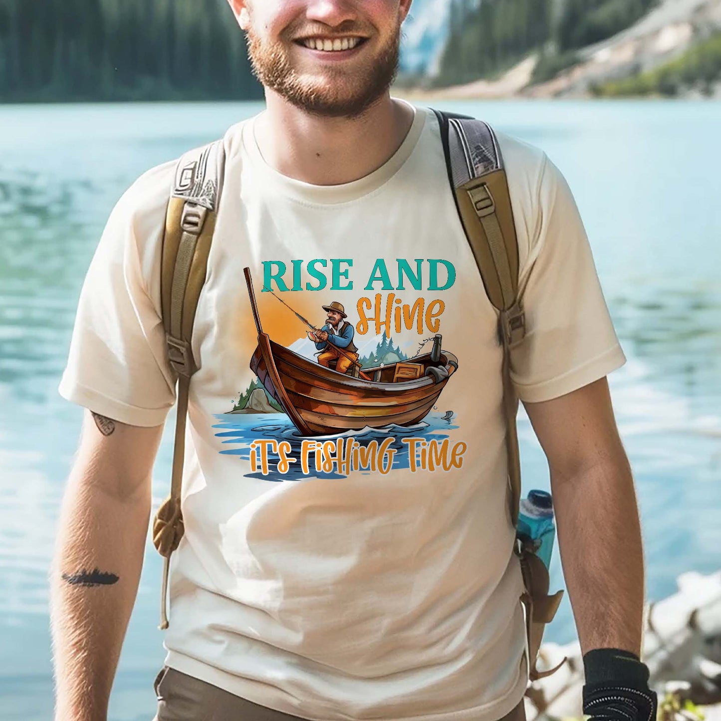 Funny Angler Graphic – Rise and Shine It’s Fishing Time Tee – Natural – Up To 5XL