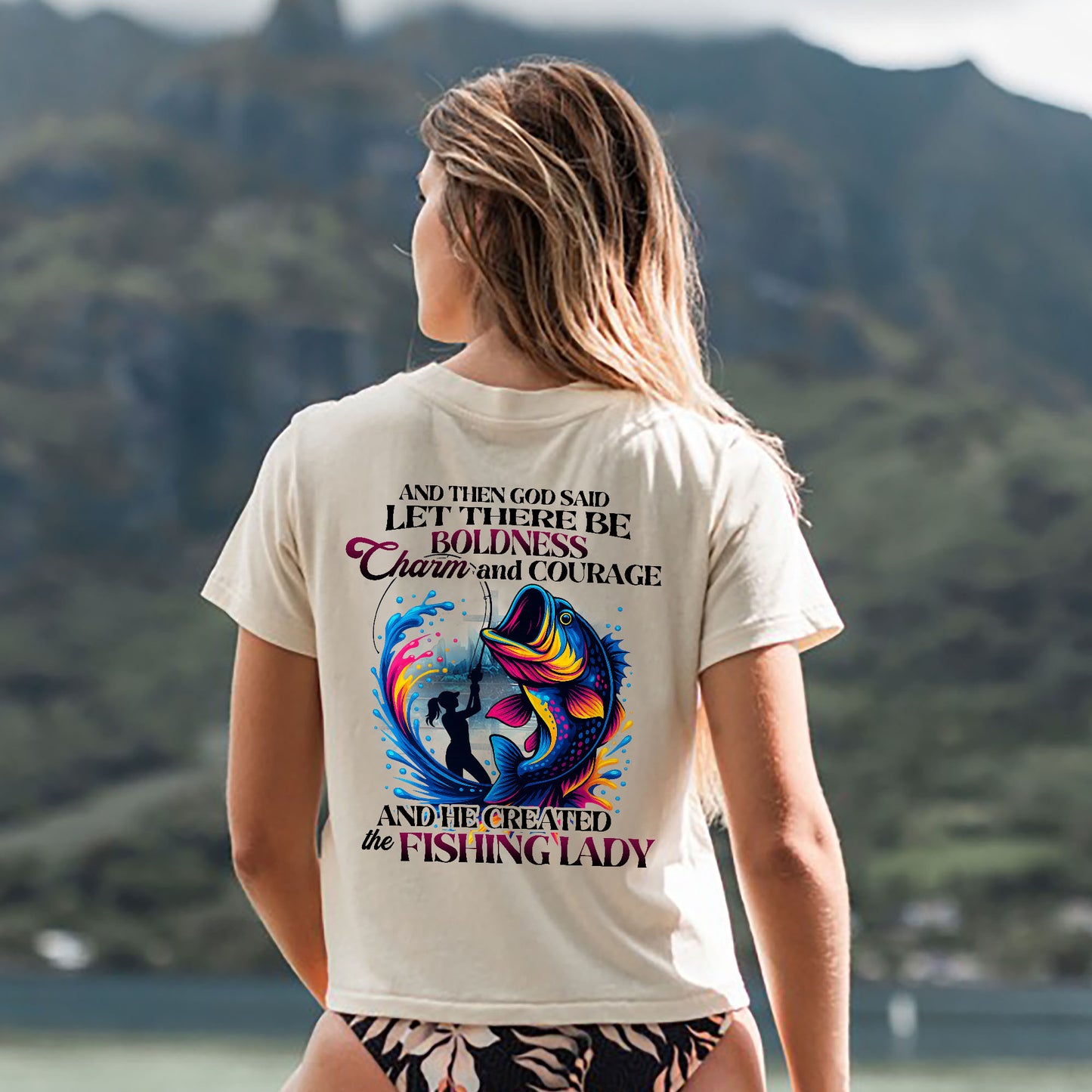 And Then God Said Let There Be Boldness Charm And Courage Shirt – Funny Women’s Fishing Tee – Faith-Based Lady Angler Gift – Natural – Up To 5XL