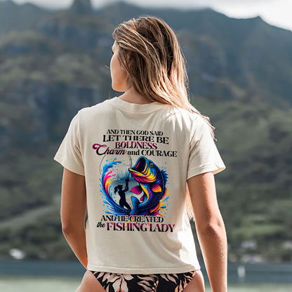 And Then God Said Let There Be Boldness Charm And Courage Shirt – Funny Women’s Fishing Tee – Faith-Based Lady Angler Gift – Natural – Up To 5XL