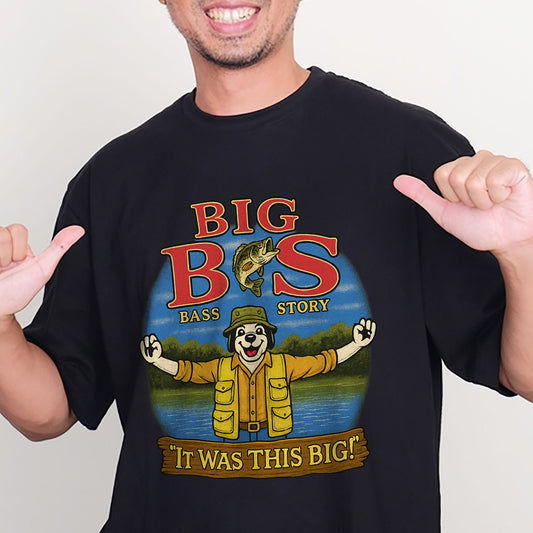 Big Bass Fishing "It Was This Big" Shirt – Funny Bass Story Angler Tee – Humorous Fisherman Gift – White – Up To 5XL