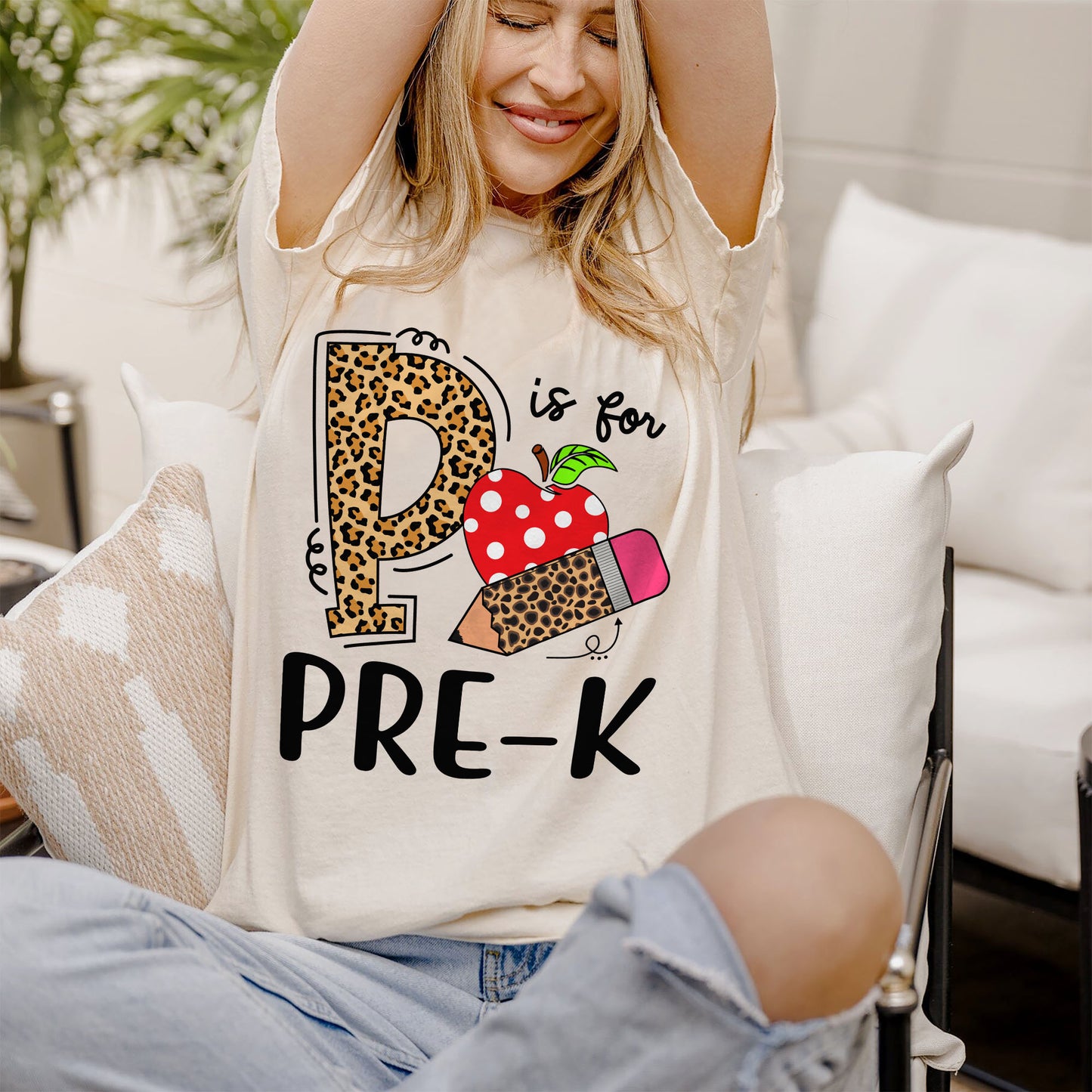 P is for Pre-K T-Shirt – Cute Preschool Teacher & Student Tee -  Funny Shirt For Teacher - Natural - Up To 5XL