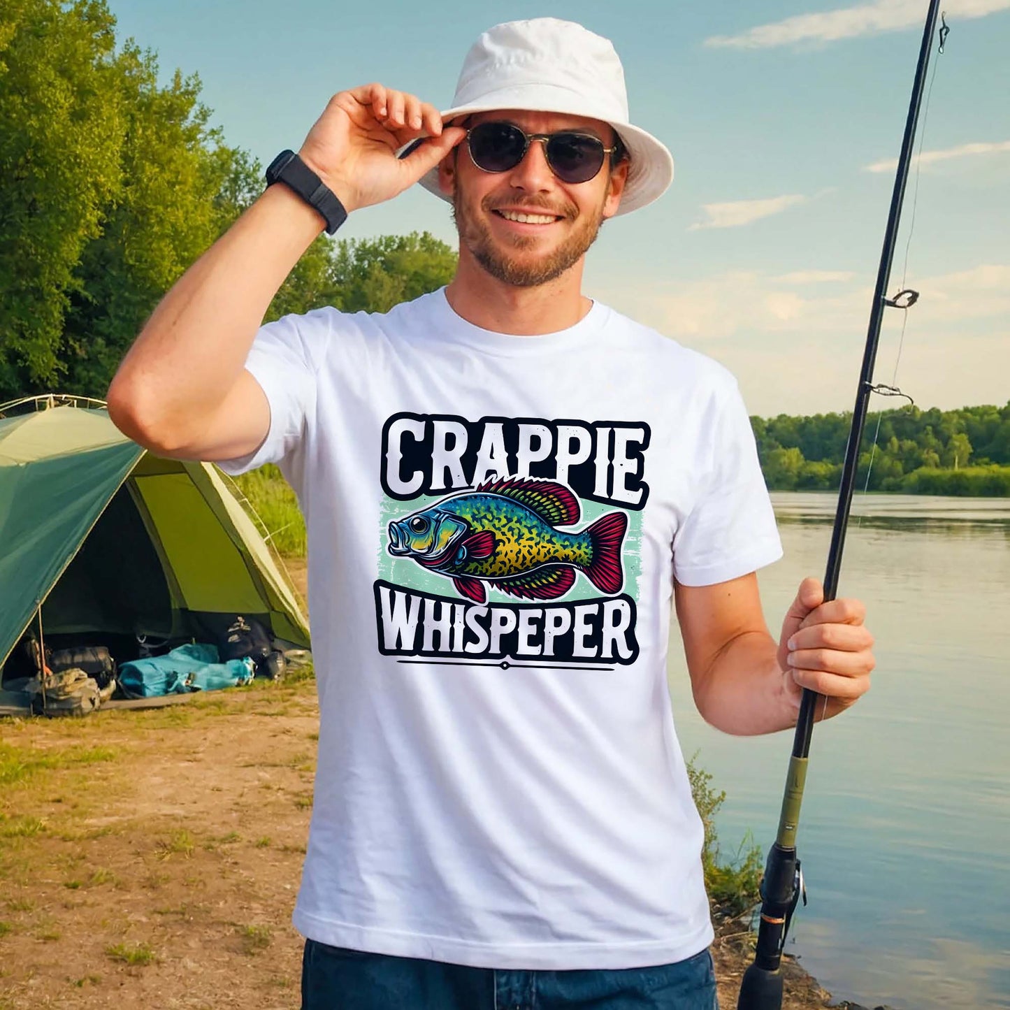Funny Fishing Shirt – Crappie Whisperer Tee – Humor Gift for Anglers – White – Up To 5XL