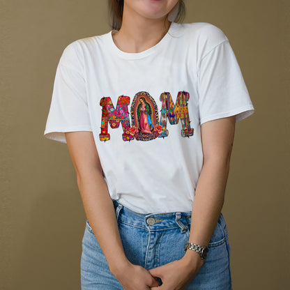 Catholic Mom Shirt – Our Lady of Guadalupe Mom – Religious Hispanic Faith Tee – White – Up To 5XL
