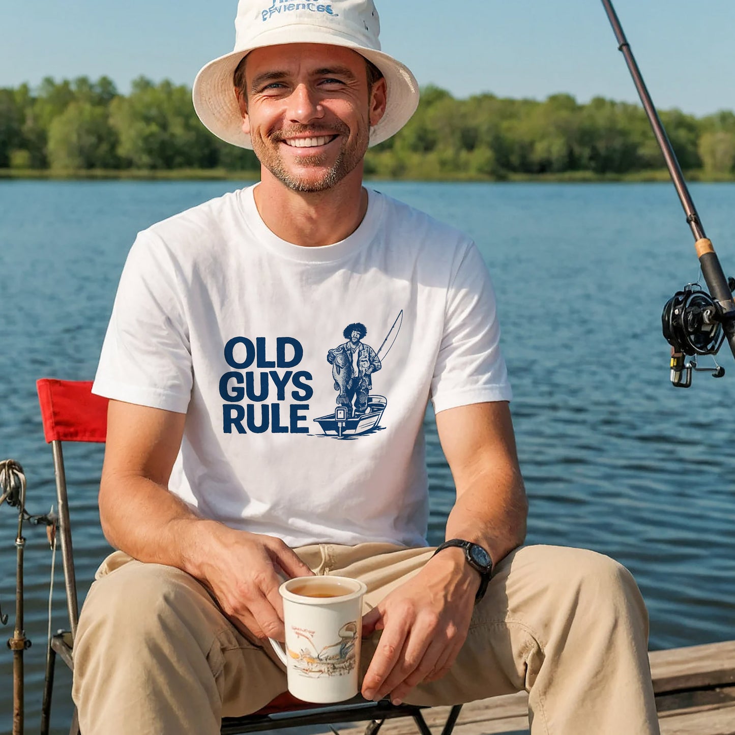 OLD GUYS RULE Fishing Shirt – Funny Retro Angler Tee – Humorous Fisherman Gift – White – Up To 5XL