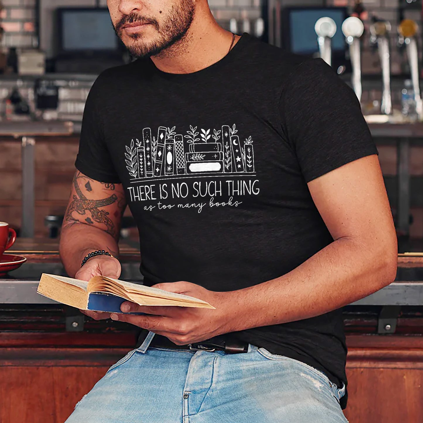 Funny Floral Book Lovers Tee – Too Many Books Shirt – Black – Up To 5XL