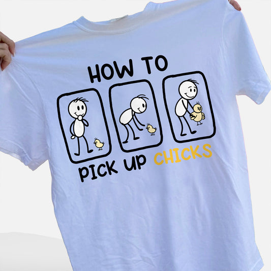 Funny Stick Figure Humor Tee - How to Pick Up Chicks Shirt - White - Up To 5XL