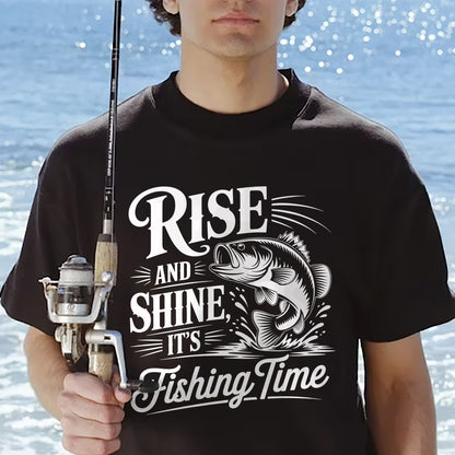 Fishing Lover Shirt – Rise and Shine It’s Fishing Time Tee – Morning Angler Graphic Shirt – Black – Up To 5XL