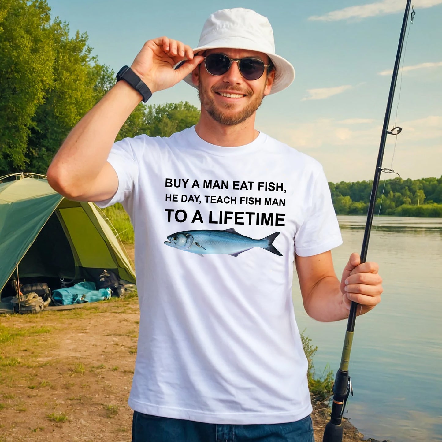 Funny Fishing Shirt – Buy A Man Eat Fish Quote Tee – Fisherman Meme Graphic Shirt – White – Up To 5XL