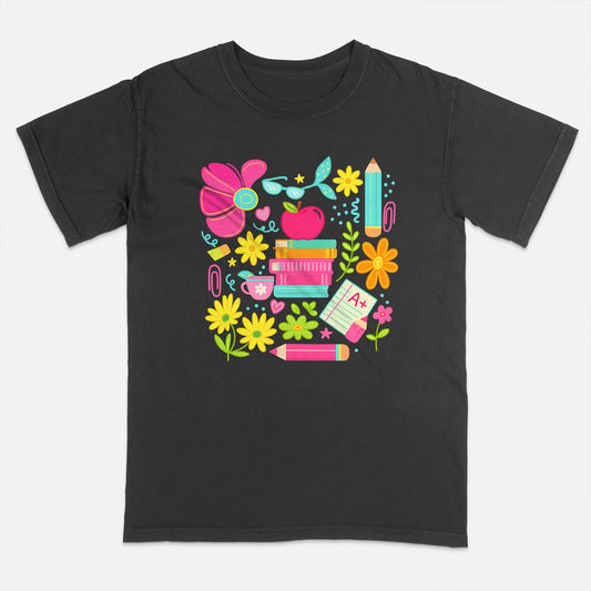Boho Floral Teacher Shirt – Aesthetic Teacher Life Tee – Cute Teaching Gift – Black – Up To 5XL