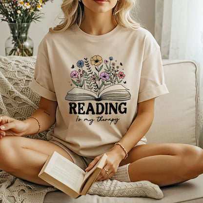 Book Lover Shirt – Reading Is My Therapy Book Flowers Tee – Funny Reader Gift – Natural – Up To 5XL