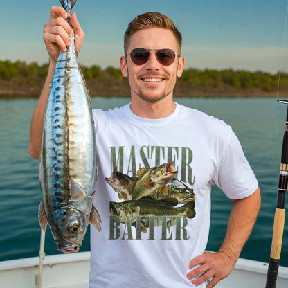 Funny Fishing Shirt – Master Baiter Bass Fishing Tee – Angler Joke Graphic Shirt – White – Up To 5XL