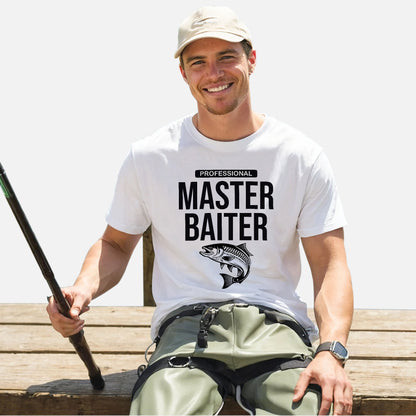 Funny Fishing Shirt – Professional Master Baiter – Angler Pun Tee for Men – White – Up To 5XL