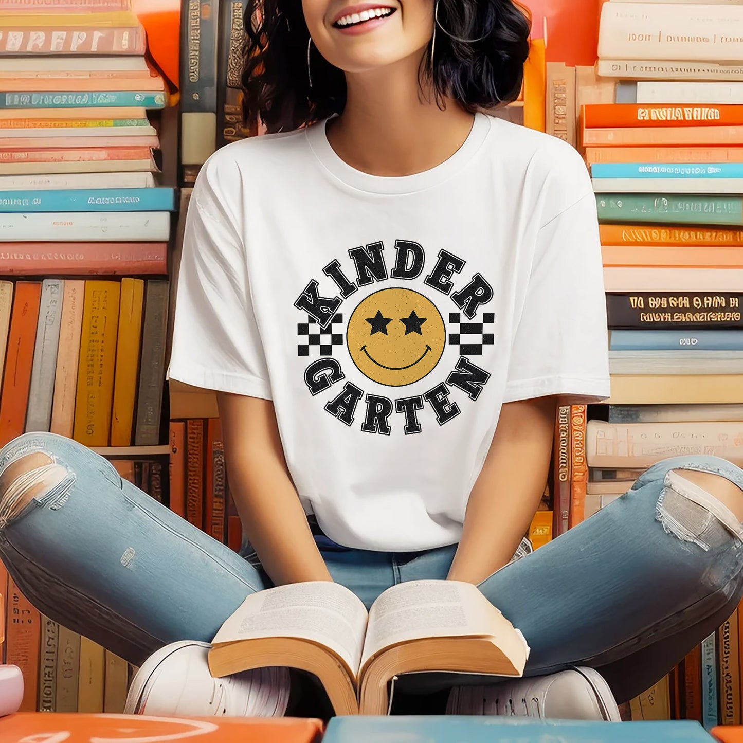 Kindergarten Smiley Face Shirt – Happy Back To School Tee – Cute Teacher Student Outfit – White – Up To 5XL