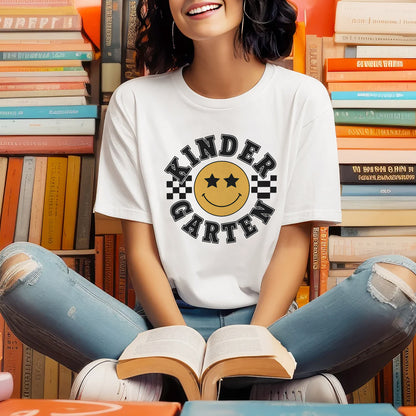 Kindergarten Smiley Face Shirt – Happy Back To School Tee – Cute Teacher Student Outfit – White – Up To 5XL