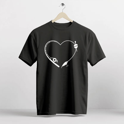 Fishing Rod Heart Shirt – Romantic Angler Tee – Fishing Love Design for Couples – Black – Up To 5XL