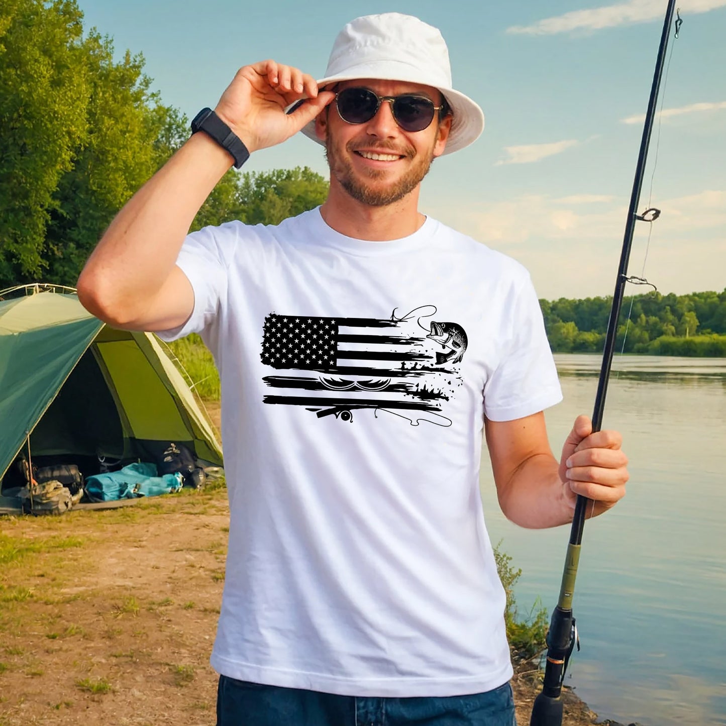 American Fishing Shirt – USA Flag Bass Angler Tee – Patriotic Fishing Gift – White – Up To 5XL