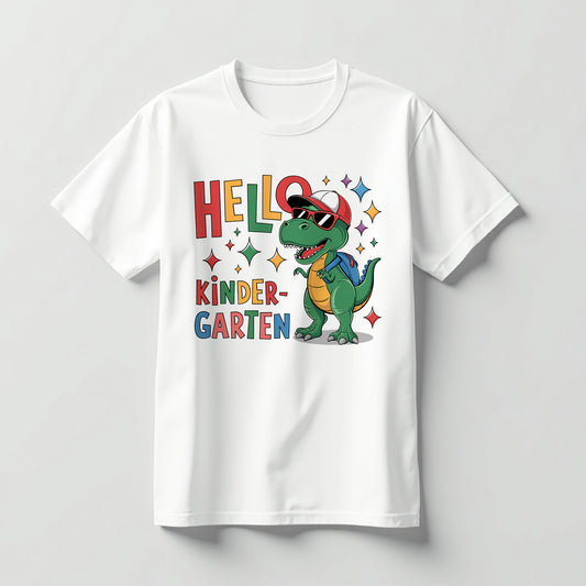 Hello Kindergarten Dinosaur Shirt – First Day of School Tee – Back To School Outfit – White – Up To 5XL