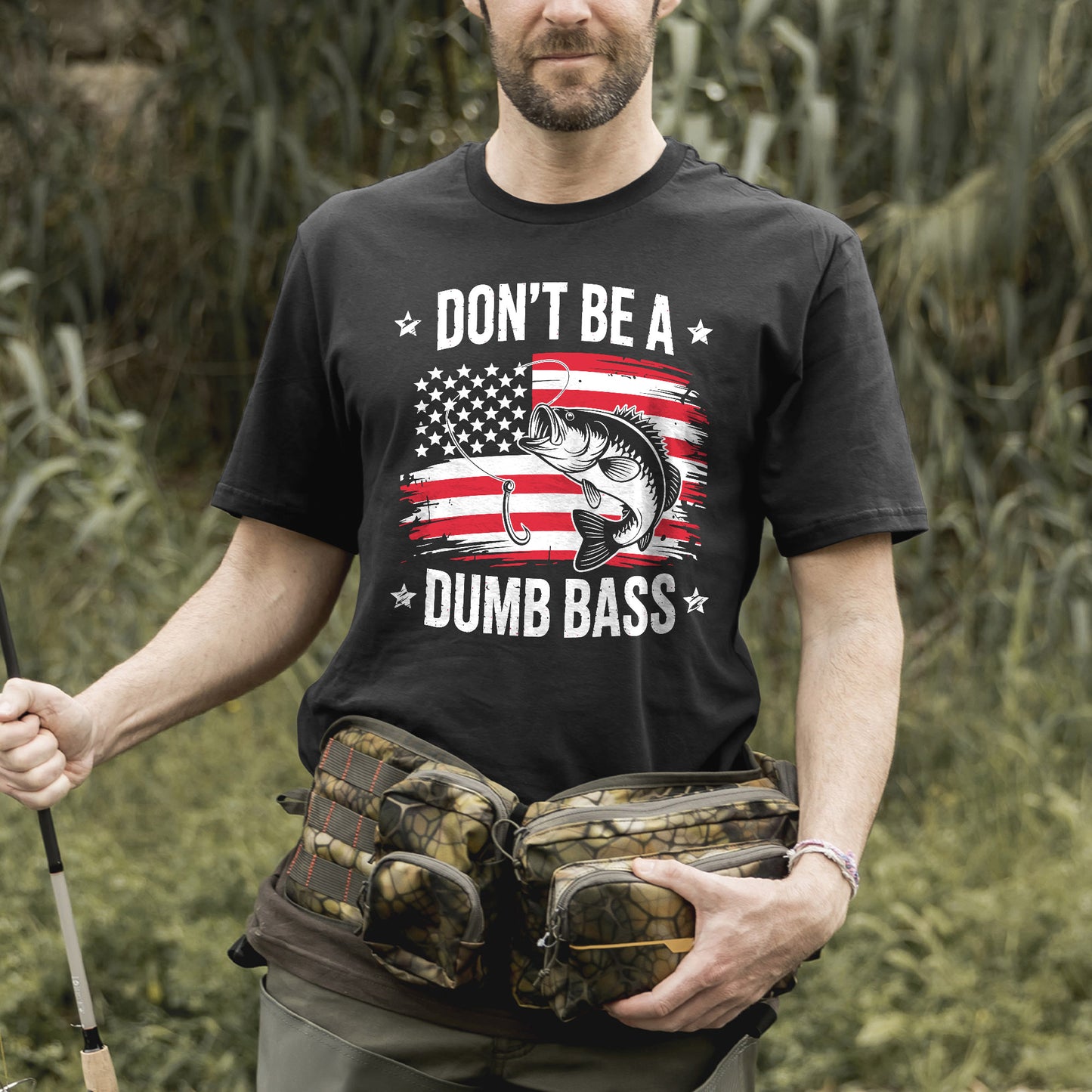 Funny Fishing Shirt – Don’t Be a Dumb Bass Patriotic Angler Tee – USA Flag Graphic – Black – Up To 5XL