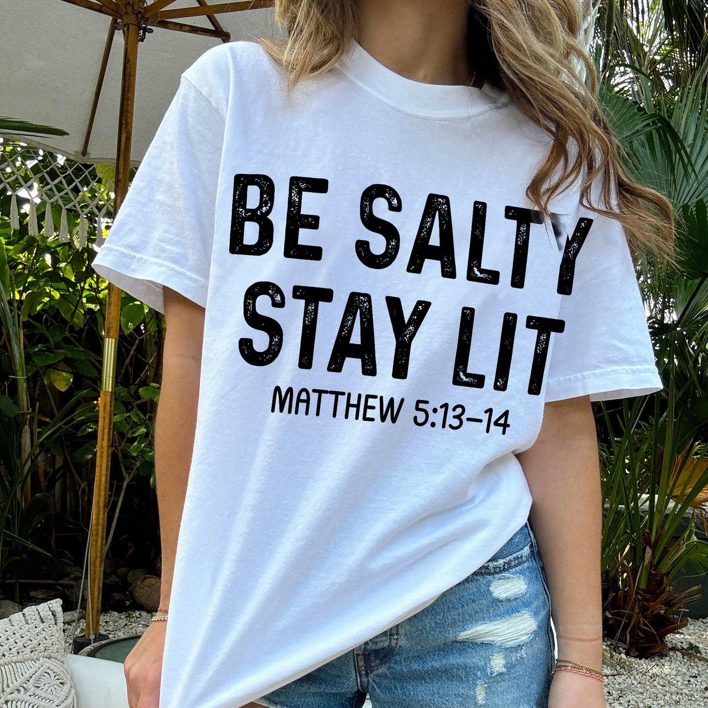 Funny Christian Shirt - Be Salty Stay Lit Shirt – Bible Verse Tee Matthew 5:13-14 - White - Up To 5XL