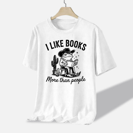 Book Lover Tee – I Like Books More Than People Funny Frog Shirt – White – Up To 5XL