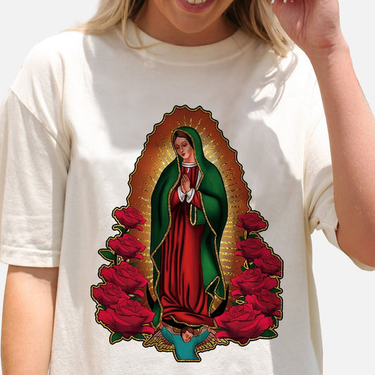 Catholic Faith Shirt – Virgen de Guadalupe – Traditional Religious Mary Tee – Natural – Up To 5XL