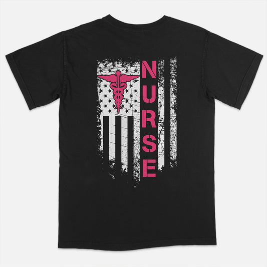 Patriotic Nurse USA Flag T-Shirt – Grunge Style Medical Caduceus Tee - Black - Up To 5XL
