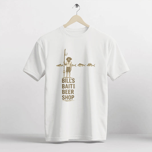 Bill's Bait and Beer Shop Shirt – Funny Fishing Tee – Fisherman Humor Gift – White – Up To 5XL