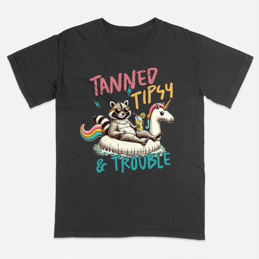 Summer Party Shirt – Tanned Tipsy and Trouble – Funny Raccoon Meme Beach Tee – Black – Up To 5XL