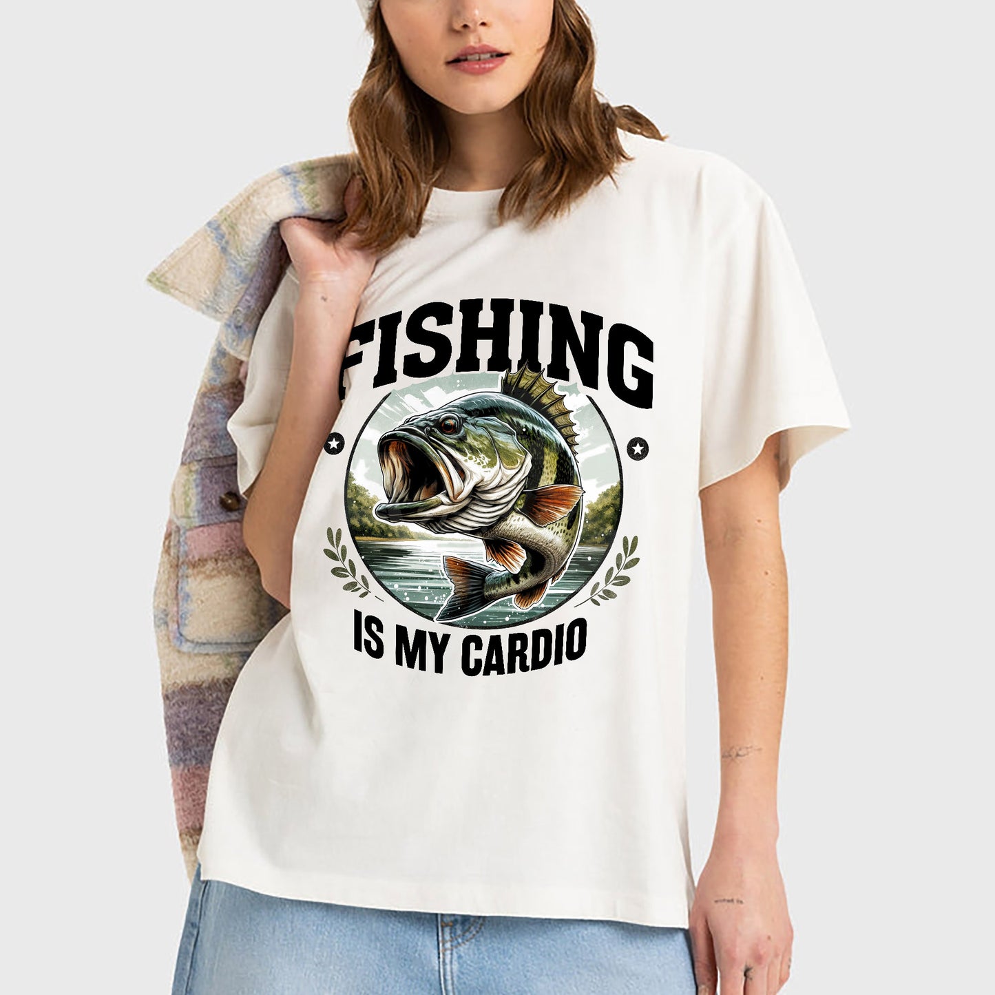 Fishing Is My Cardio Shirt – Funny Women’s Fishing Tee – Lady Angler Humor Gift – Natural – Up To 5XL