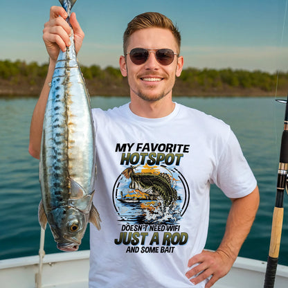 Fishing Humor Shirt – Favorite Hotspot No WiFi Rod and Bait Tee – Funny Fisherman Tee – White – Up To 5XL