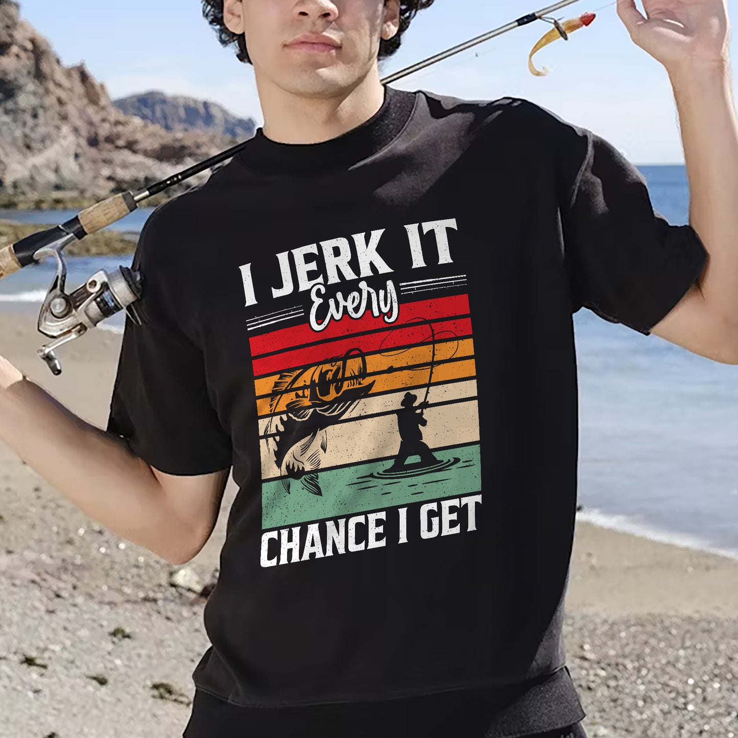 Funny Fishing Shirt – I Jerk It Every Chance I Get Tee – Vintage Angler Humor Gift – Black – Up To 5XL