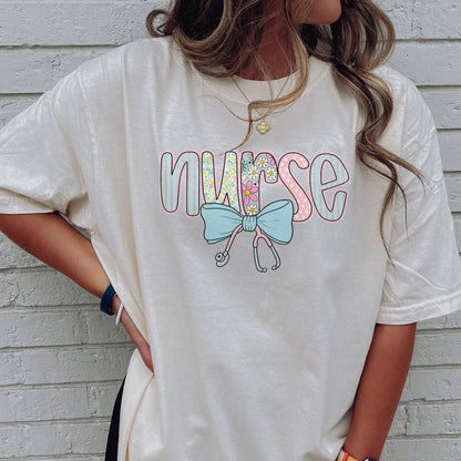 Floral Letters Cute Nurse  T-Shirt - Gift Tees For Shirt Nurse - Natural- Up To 5XL
