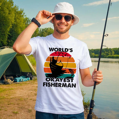 Retro Fishing Shirt – World's Okayest Fisherman Vintage Tee – Funny Angler Graphic – White – Up To 5XL