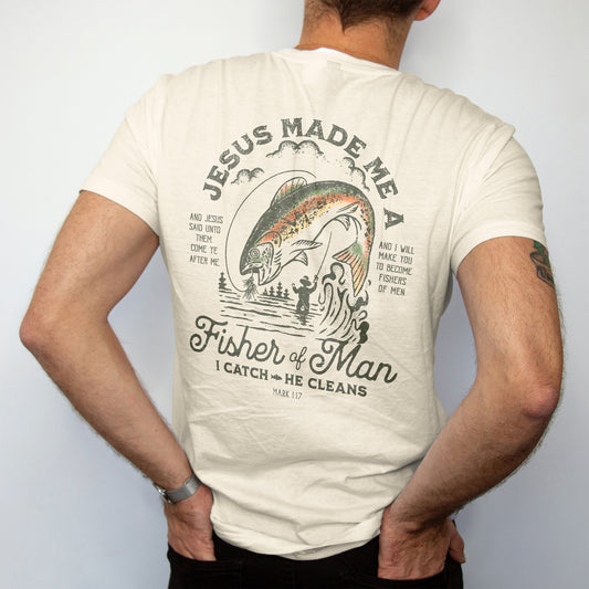 Christian Fishing Shirt – Jesus Made Me a Fisher of Men I Catch He Cleans – Based Faith Tee – Natural – Up To 5XL