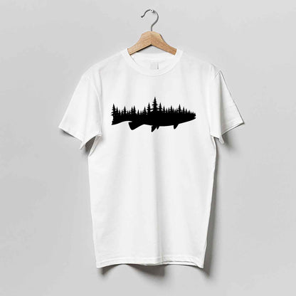 Outdoor Nature Shirt – Fish and Forest – Vintage Wilderness Hiking Tee – White – Up To 5XL